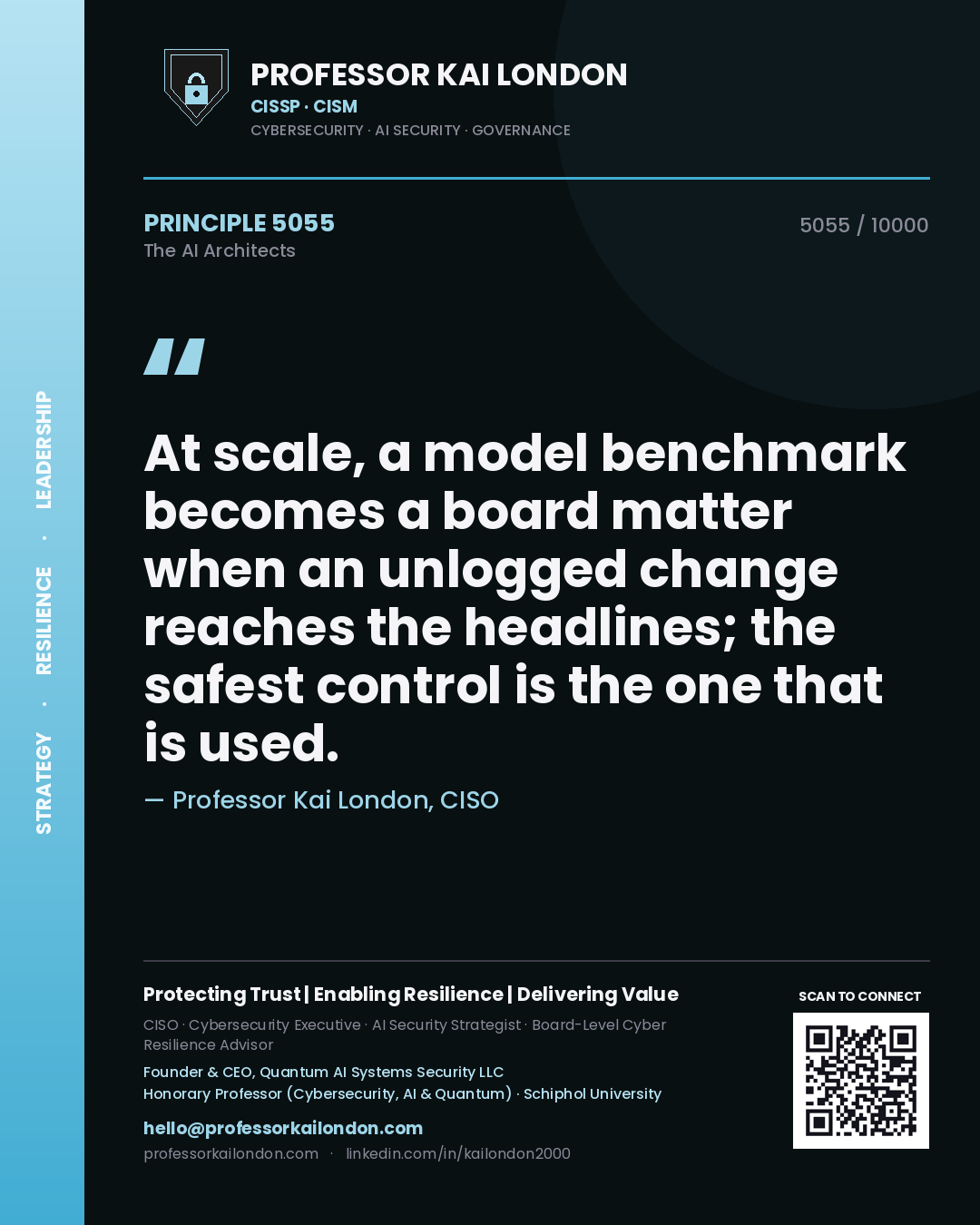Quote card by Professor Kai London reading 'At scale, a model benchmark becomes a board matter when an unlogged change reaches the headlines; the safest control is the one that is used.'. From the book The AI Architects.