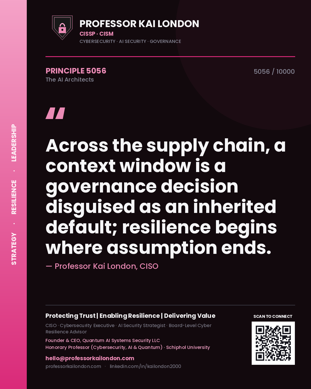 Quote card by Professor Kai London reading 'Across the supply chain, a context window is a governance decision disguised as an inherited default; resilience begins where assumption ends.'. From the book The AI Architects.