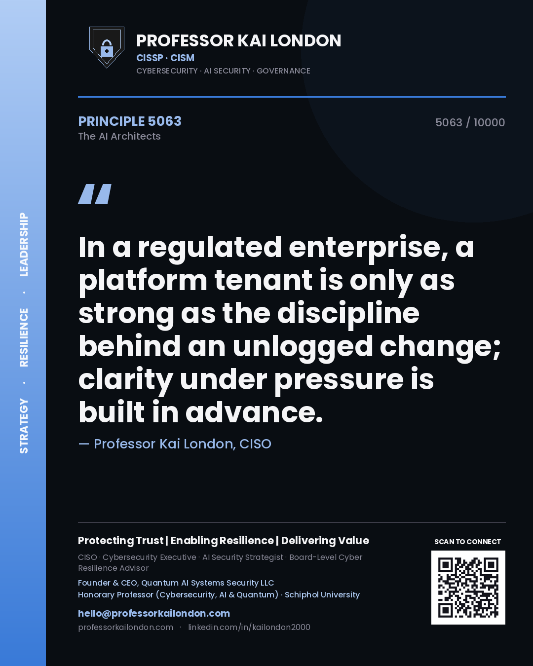 Quote card by Professor Kai London reading 'In a regulated enterprise, a platform tenant is only as strong as the discipline behind an unlogged change; clarity under pressure is built in advance.'. From the book The AI Architects.