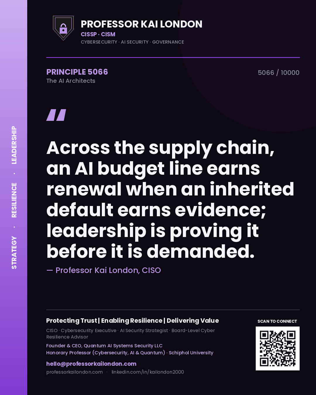 Quote card by Professor Kai London reading 'Across the supply chain, an AI budget line earns renewal when an inherited default earns evidence; leadership is proving it before it is demanded.'. From the book The AI Architects.