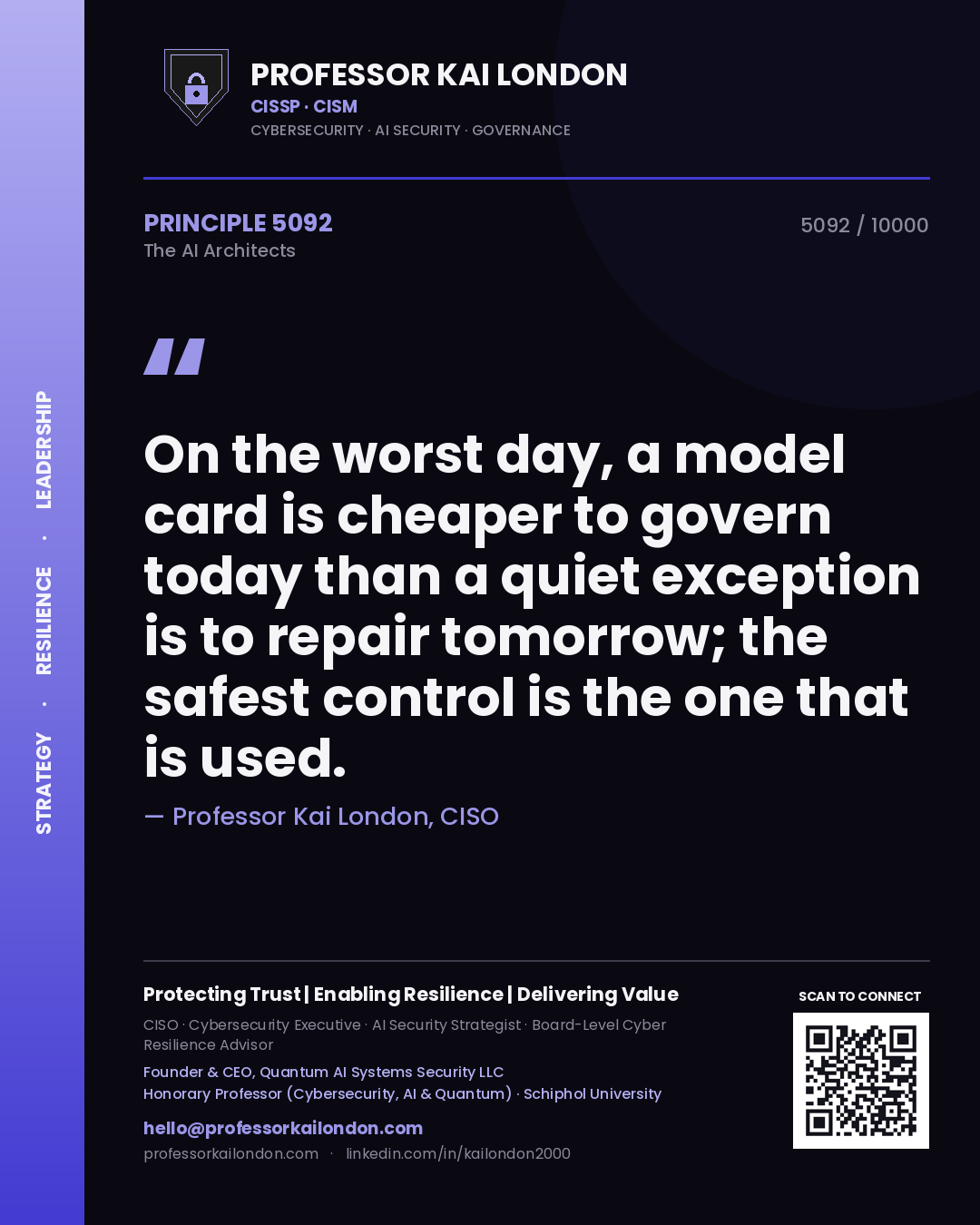 Quote card by Professor Kai London reading 'On the worst day, a model card is cheaper to govern today than a quiet exception is to repair tomorrow; the safest control is the one that is used.'. From the book The AI Architects.