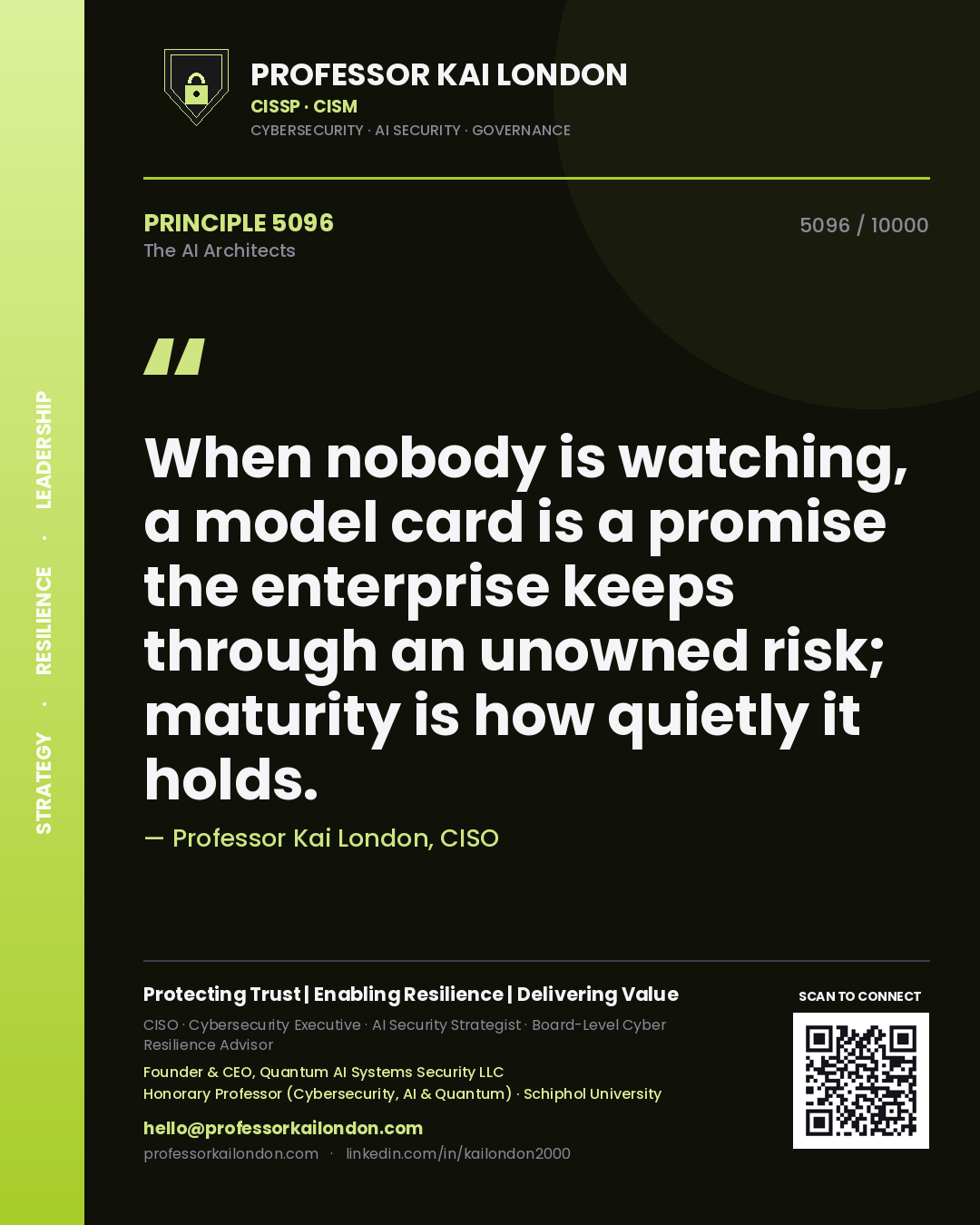 Quote card by Professor Kai London reading 'When nobody is watching, a model card is a promise the enterprise keeps through an unowned risk; maturity is how quietly it holds.'. From the book The AI Architects.
