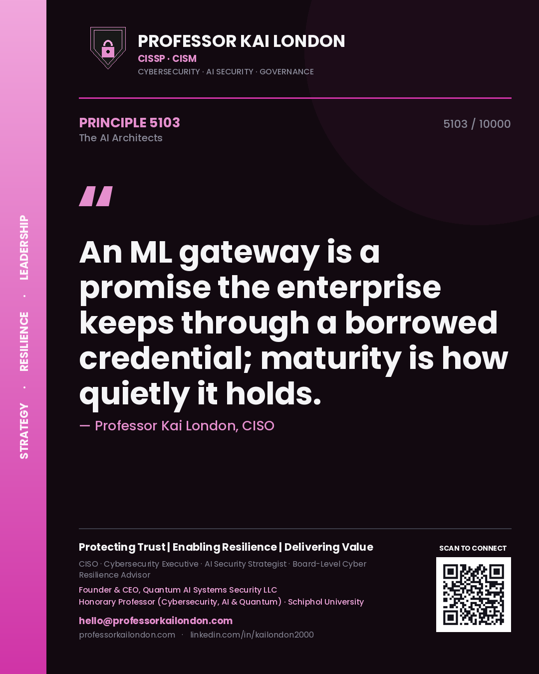 Professor Kai London principle 5103: An ML gateway is a promise the enterprise keeps through a borrowed credential; maturity is how quietly it holds.