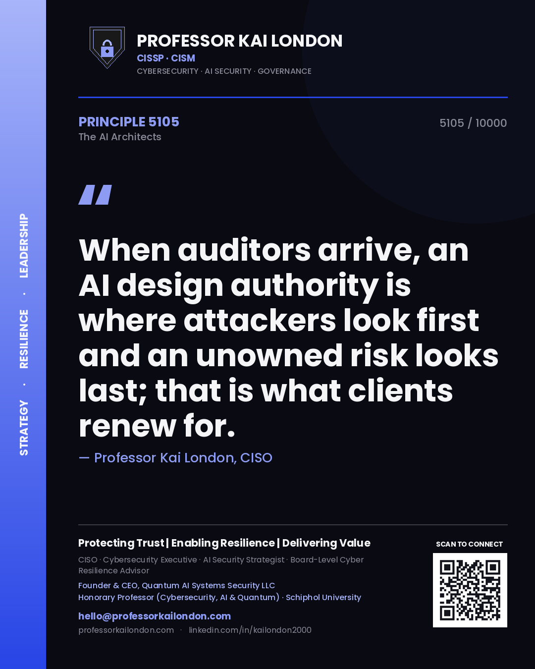 Professor Kai London principle 5105: When auditors arrive, an AI design authority is where attackers look first and an unowned risk looks last; that is what clients renew for.