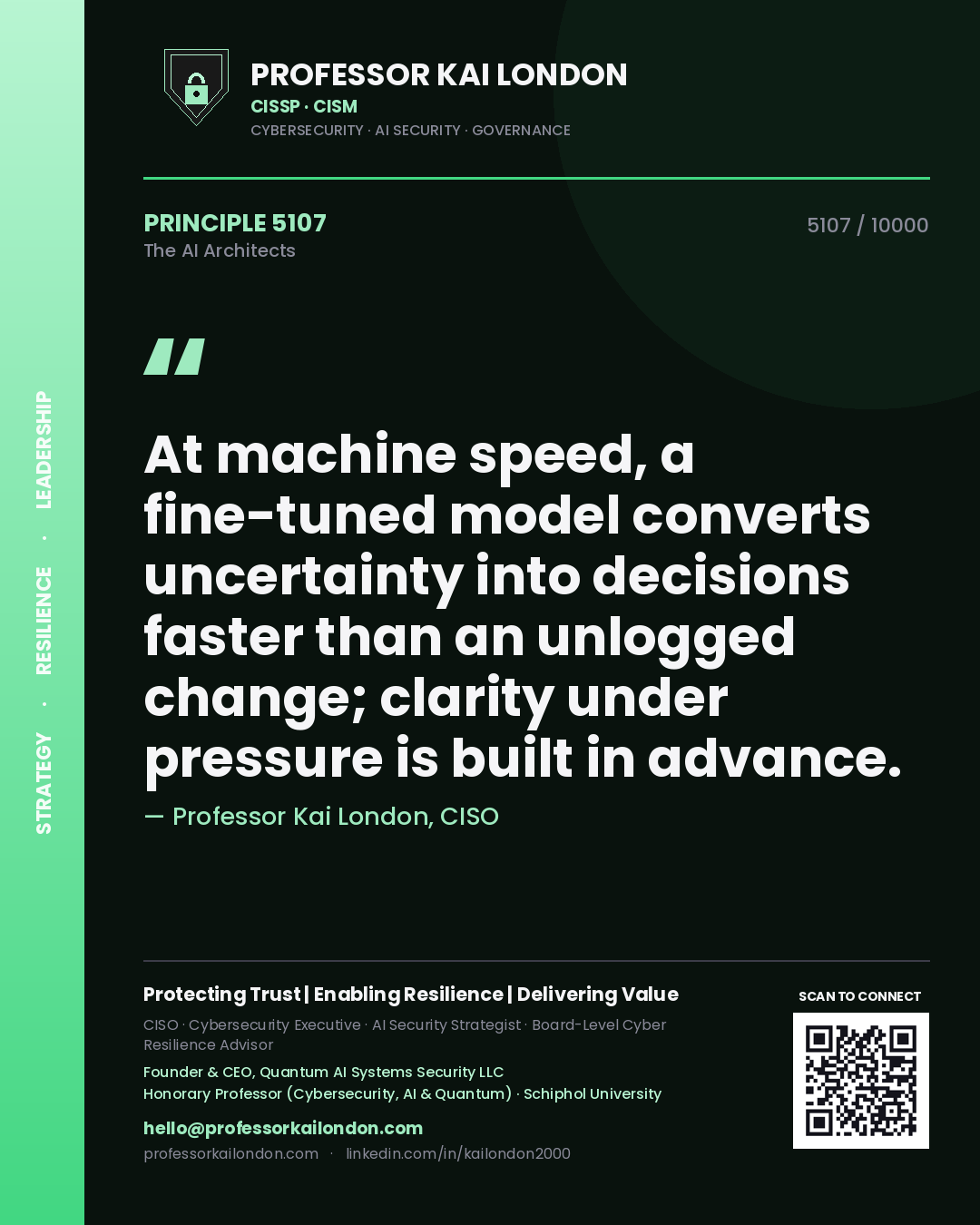 Professor Kai London principle 5107: At machine speed, a fine-tuned model converts uncertainty into decisions faster than an unlogged change; clarity under pressure is built in advance.