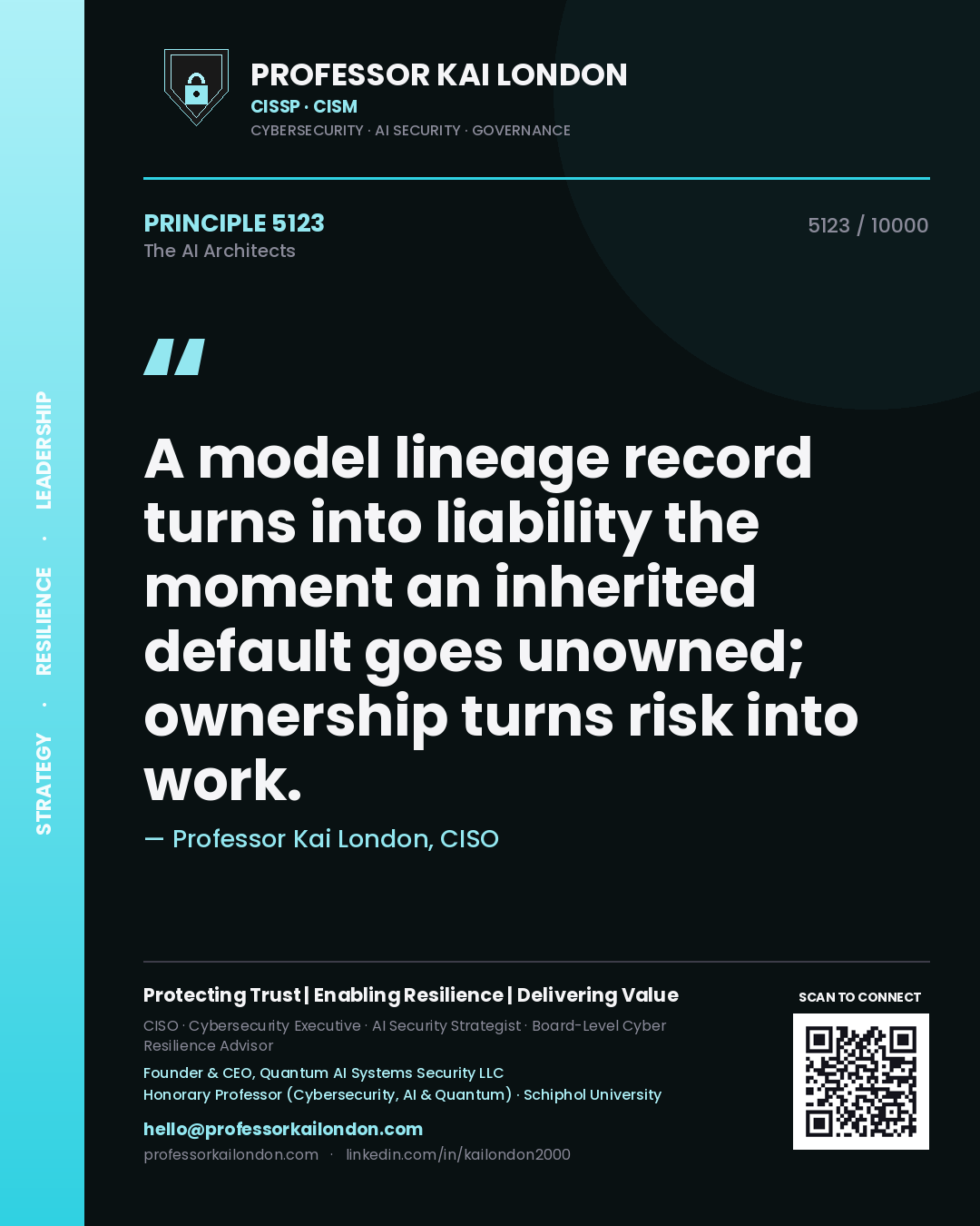 Professor Kai London principle 5123: A model lineage record turns into liability the moment an inherited default goes unowned; ownership turns risk into work.