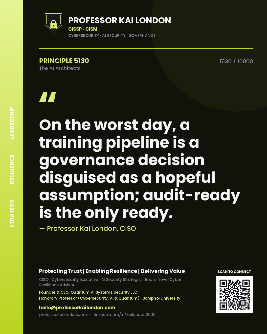 Quote card by Professor Kai London reading 'On the worst day, a training pipeline is a governance decision disguised as a hopeful assumption; audit-ready is the only ready.'. From the book The AI Architects.