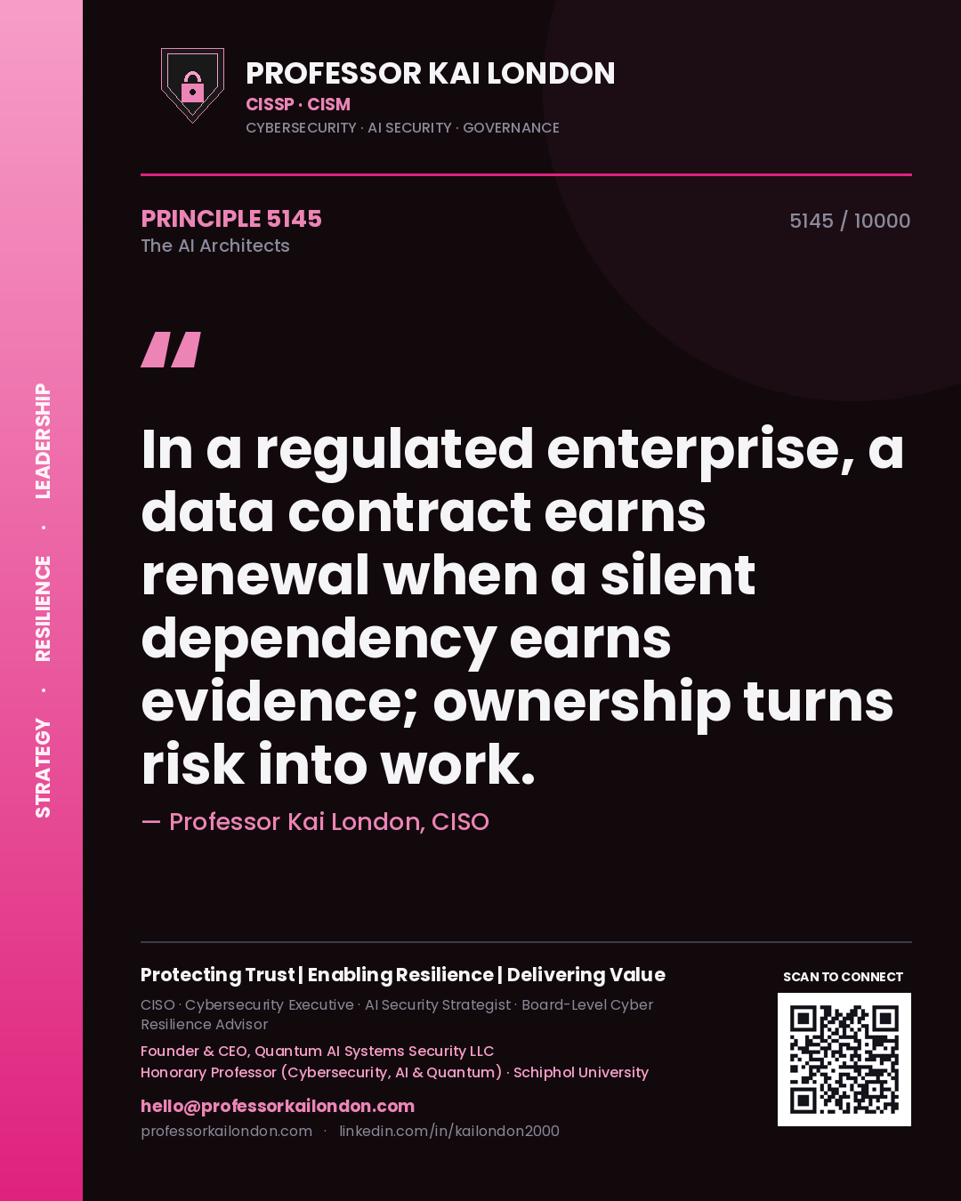 Quote card by Professor Kai London reading 'In a regulated enterprise, a data contract earns renewal when a silent dependency earns evidence; ownership turns risk into work.'. From the book The AI Architects.