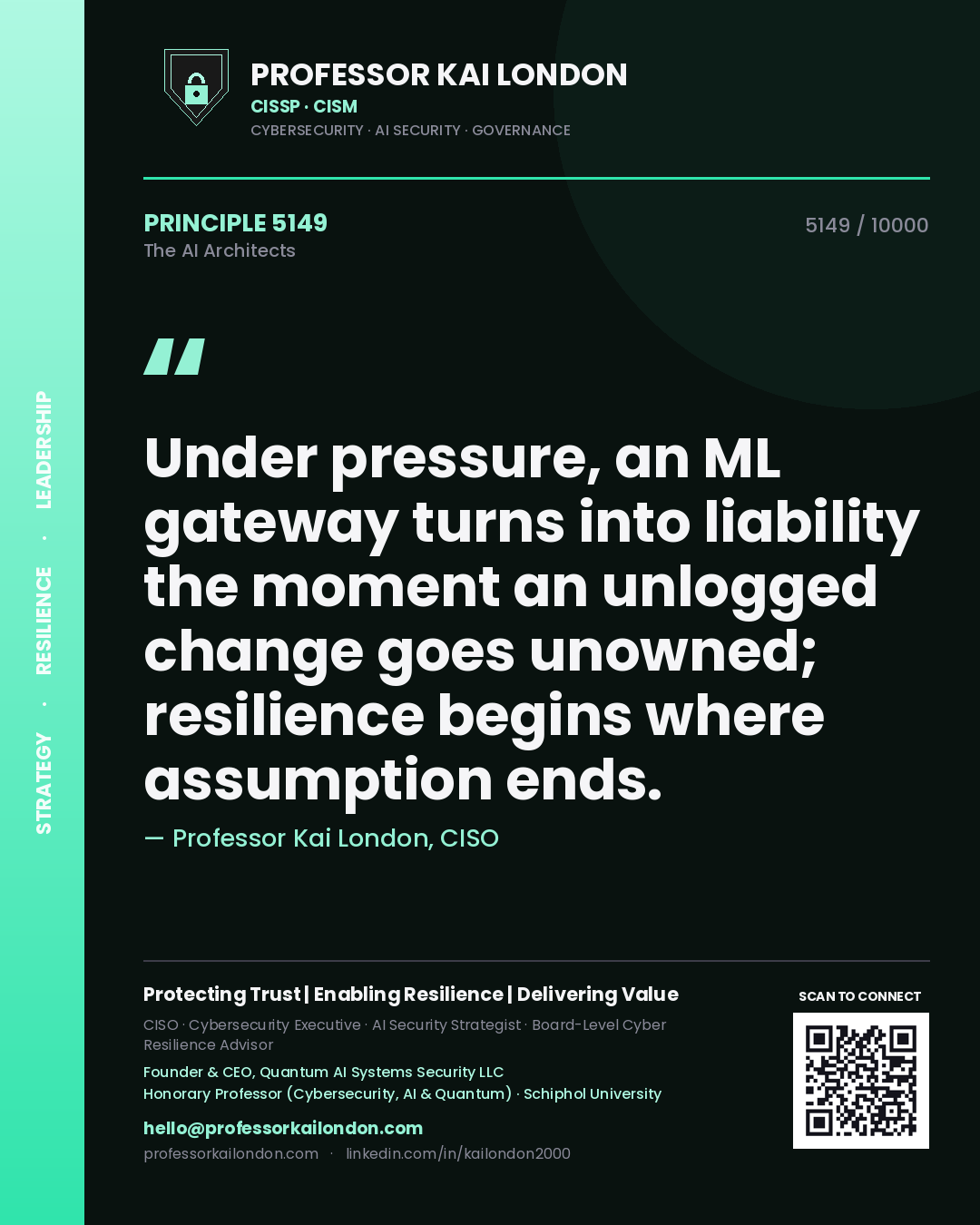 Quote card by Professor Kai London reading 'Under pressure, an ML gateway turns into liability the moment an unlogged change goes unowned; resilience begins where assumption ends.'. From the book The AI Architects.
