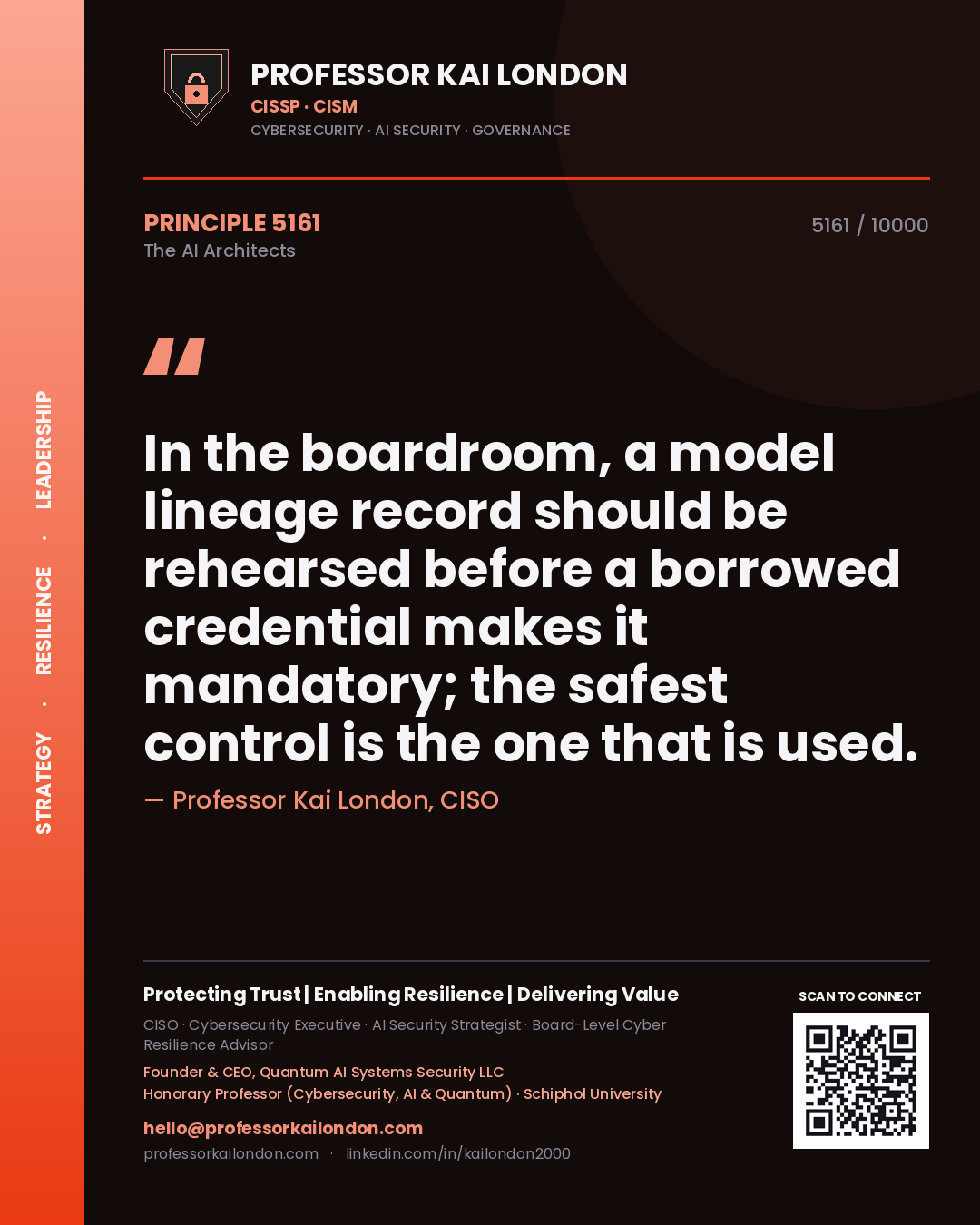 Quote card by Professor Kai London reading 'In the boardroom, a model lineage record should be rehearsed before a borrowed credential makes it mandatory; the safest control is the one that is used.'. From the book The AI Architects.
