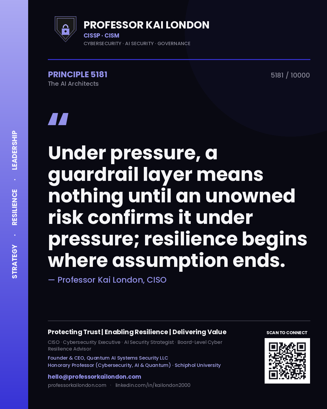 Professor Kai London principle 5181: Under pressure, a guardrail layer means nothing until an unowned risk confirms it under pressure; resilience begins where assumption ends.