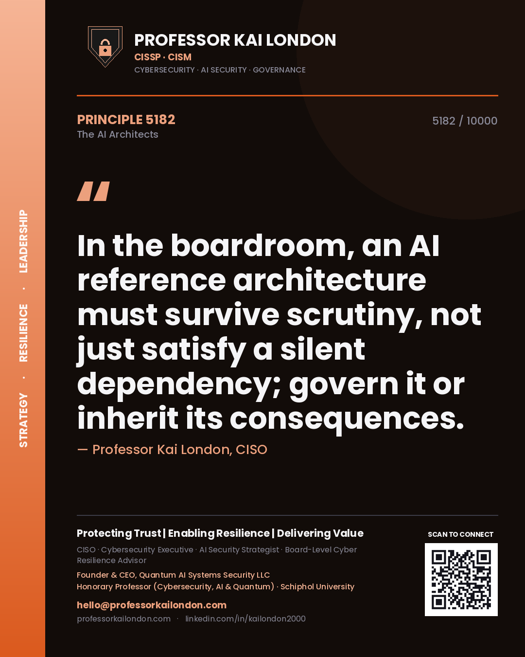 Professor Kai London principle 5182: In the boardroom, an AI reference architecture must survive scrutiny, not just satisfy a silent dependency; govern it or inherit its consequences.