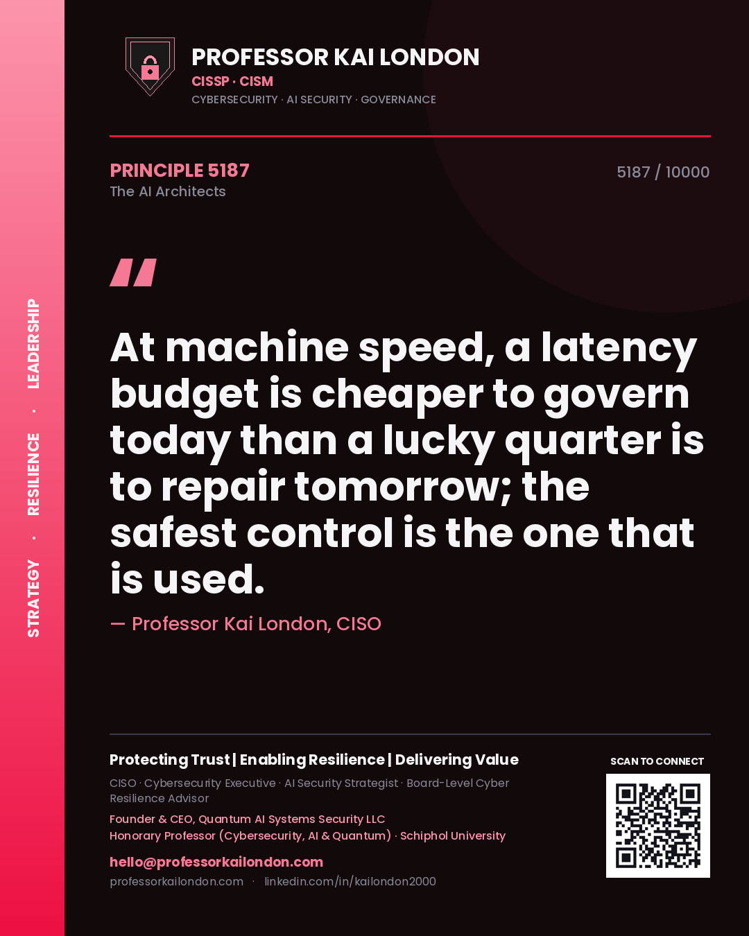 Professor Kai London principle 5187: At machine speed, a latency budget is cheaper to govern today than a lucky quarter is to repair tomorrow; the safest control is the one that is used.