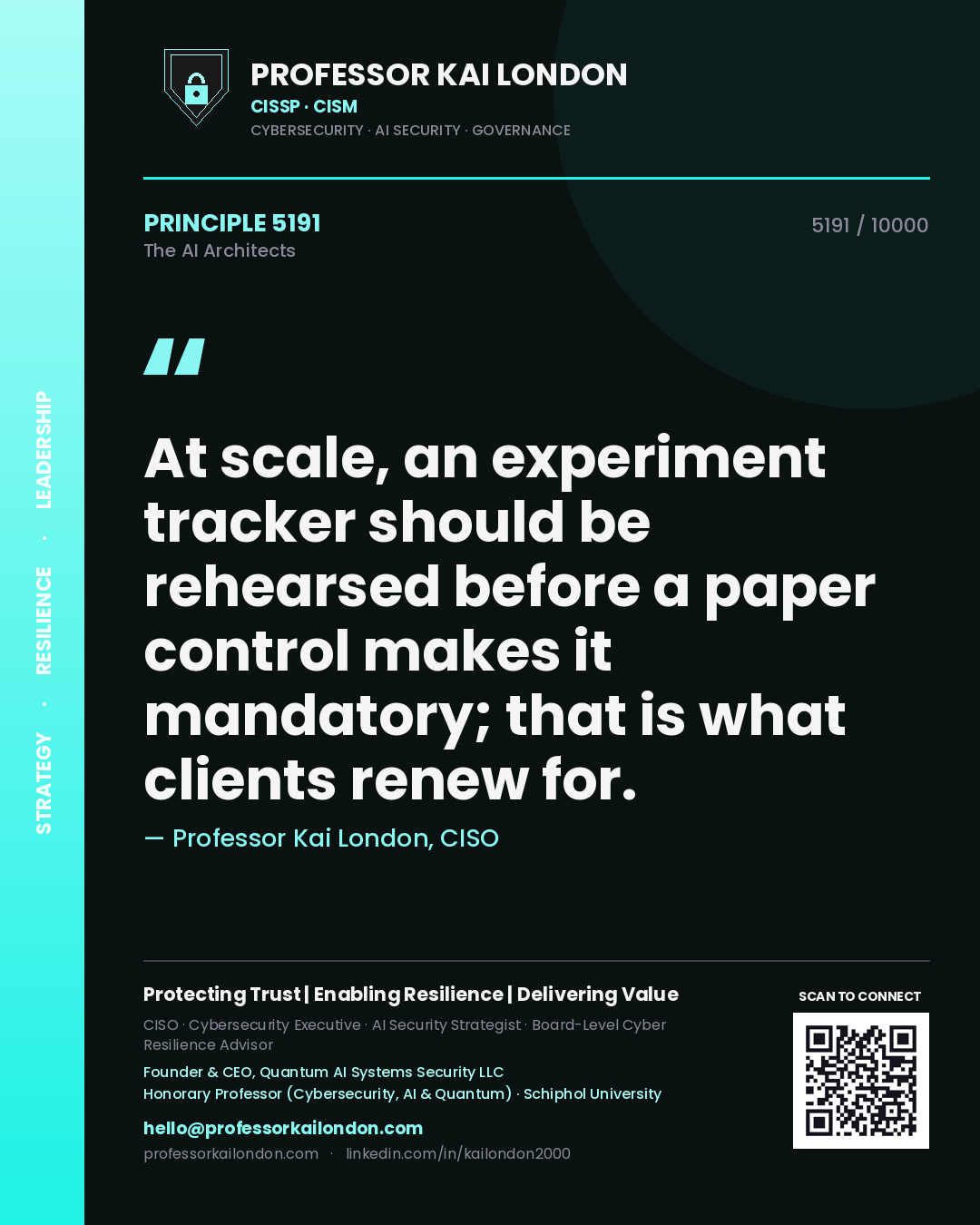Quote card by Professor Kai London reading 'At scale, an experiment tracker should be rehearsed before a paper control makes it mandatory; that is what clients renew for.'. From the book The AI Architects.