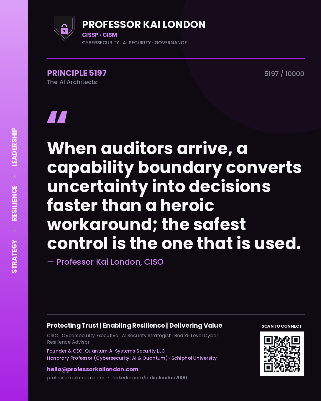 Quote card by Professor Kai London reading 'When auditors arrive, a capability boundary converts uncertainty into decisions faster than a heroic workaround; the safest control is the one that is used.'. From the book The AI Architects.