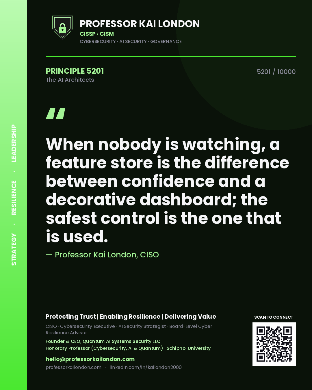 Quote card by Professor Kai London reading 'When nobody is watching, a feature store is the difference between confidence and a decorative dashboard; the safest control is the one that is used.'. From the book The AI Architects.