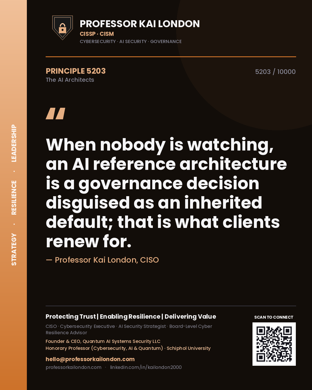 Quote card by Professor Kai London reading 'When nobody is watching, an AI reference architecture is a governance decision disguised as an inherited default; that is what clients renew for.'. From the book The AI Architects.
