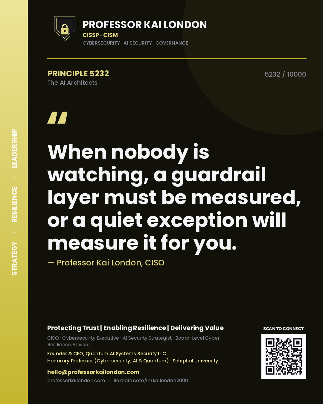 Quote card by Professor Kai London reading 'When nobody is watching, a guardrail layer must be measured, or a quiet exception will measure it for you.'. From the book The AI Architects.