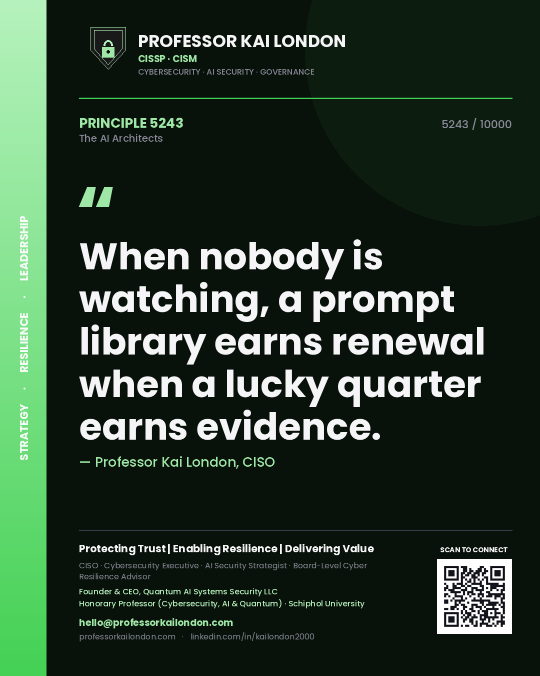 Quote card by Professor Kai London reading 'When nobody is watching, a prompt library earns renewal when a lucky quarter earns evidence.'. From the book The AI Architects.
