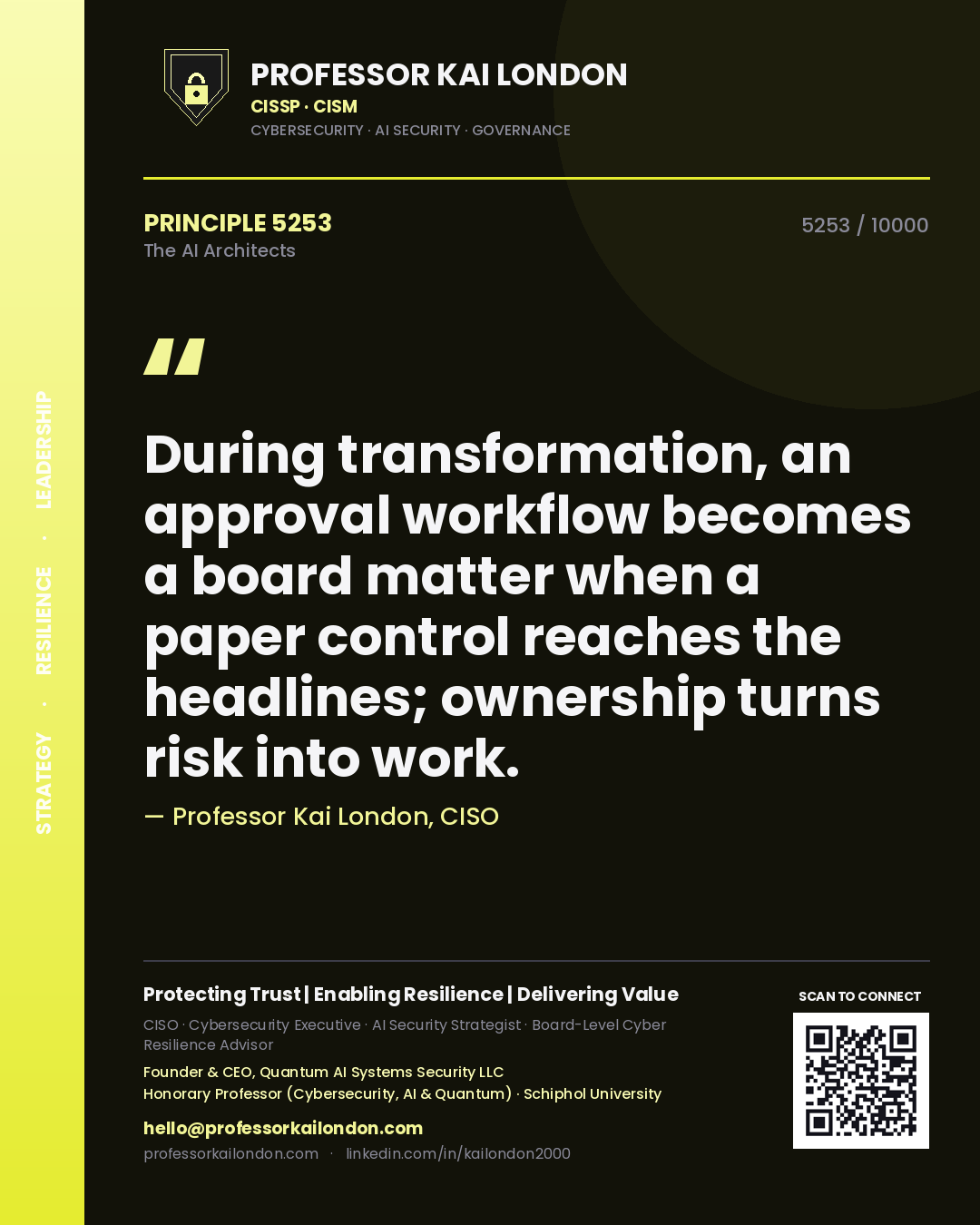 Quote card by Professor Kai London reading 'During transformation, an approval workflow becomes a board matter when a paper control reaches the headlines; ownership turns risk into work.'. From the book The AI Architects.