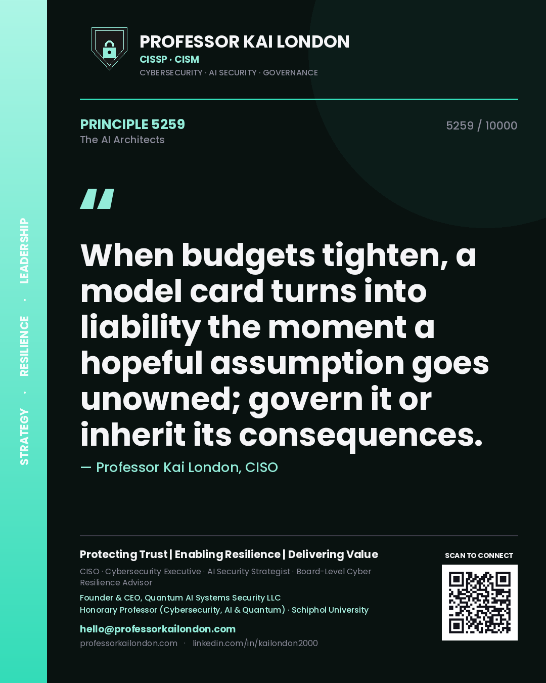 Quote card by Professor Kai London reading 'When budgets tighten, a model card turns into liability the moment a hopeful assumption goes unowned; govern it or inherit its consequences.'. From the book The AI Architects.