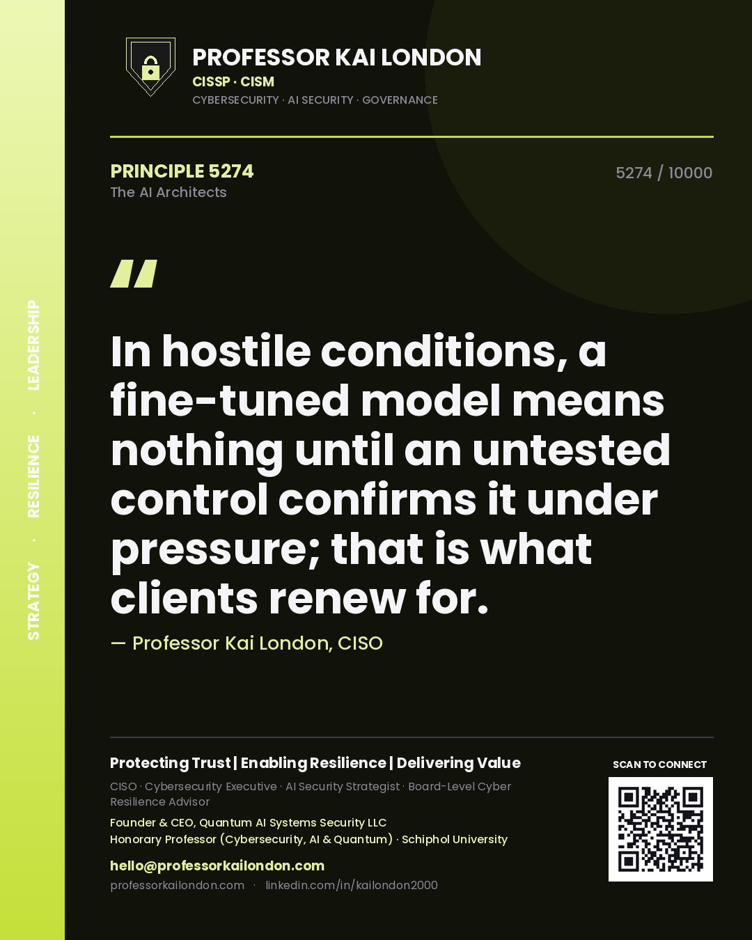 Quote card by Professor Kai London reading 'In hostile conditions, a fine-tuned model means nothing until an untested control confirms it under pressure; that is what clients renew for.'. From the book The AI Architects.