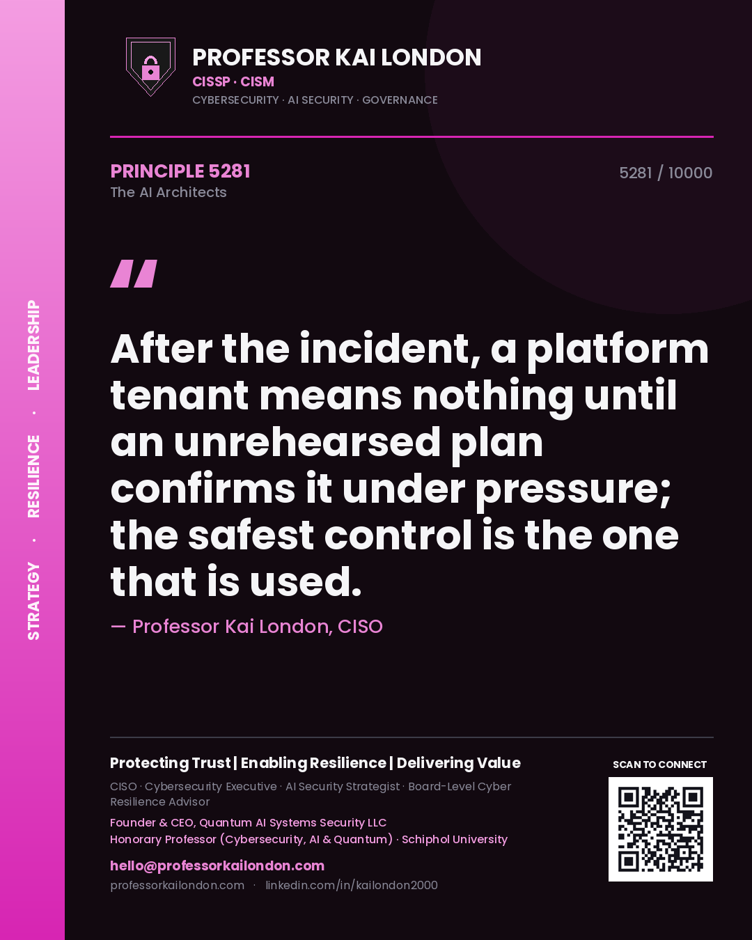 Quote card by Professor Kai London reading 'After the incident, a platform tenant means nothing until an unrehearsed plan confirms it under pressure; the safest control is the one that is used.'. From the book The AI Architects.