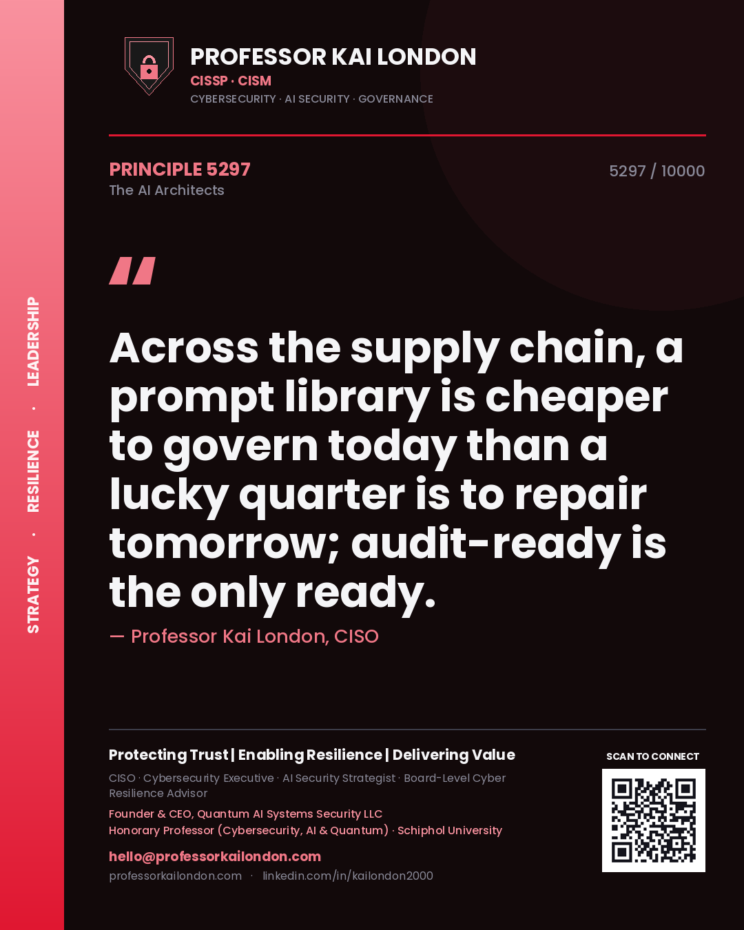 Quote card by Professor Kai London reading 'Across the supply chain, a prompt library is cheaper to govern today than a lucky quarter is to repair tomorrow; audit-ready is the only ready.'. From the book The AI Architects.