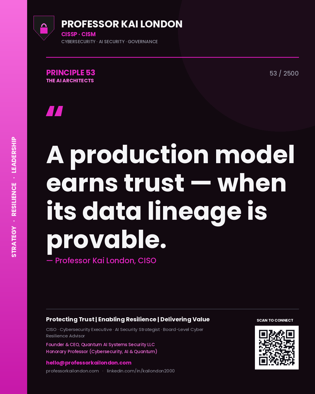 Quote card by Professor Kai London reading 'A production model earns trust — when its data lineage is provable.'. From the book The AI Architects.
