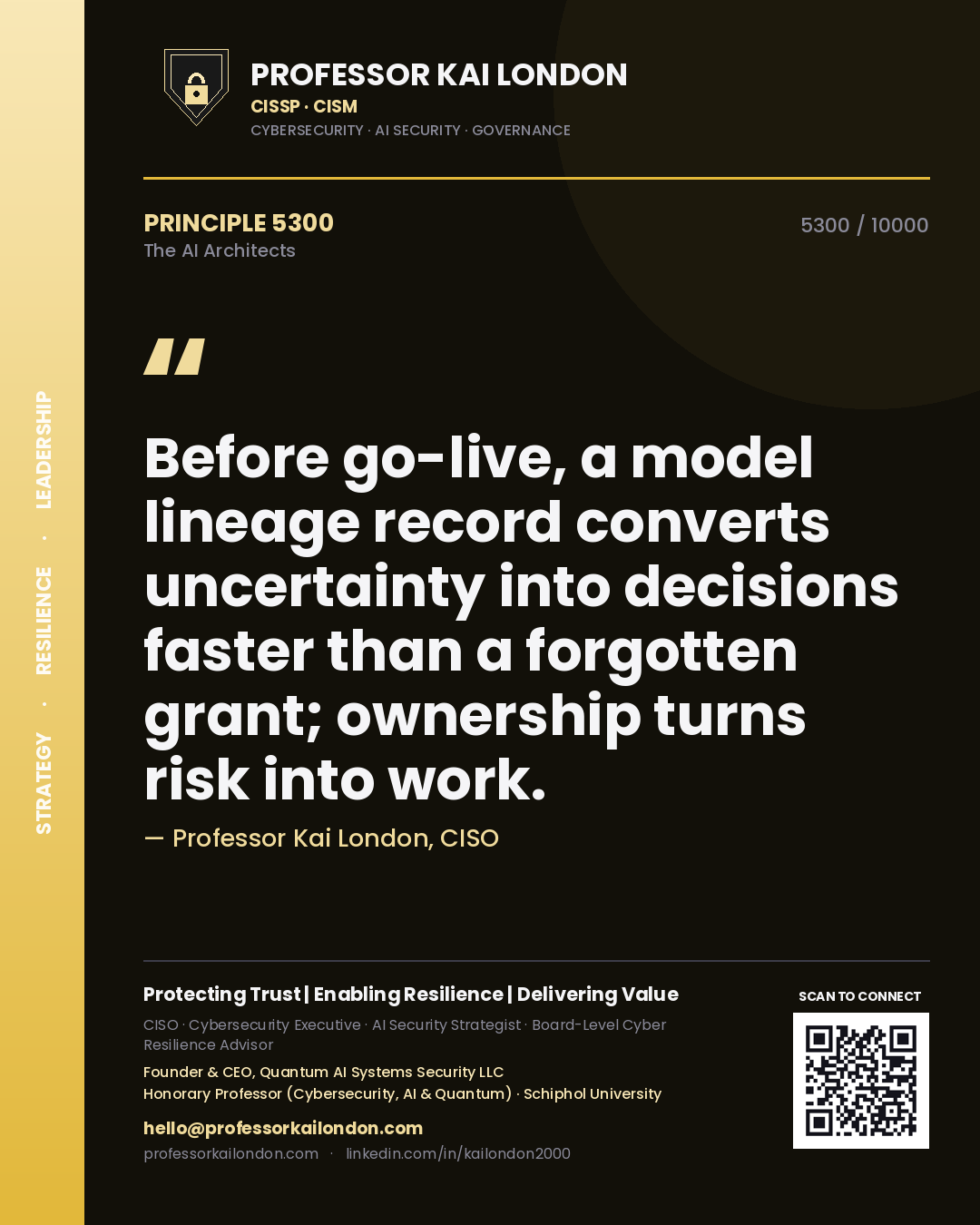 Professor Kai London principle 5300: Before go-live, a model lineage record converts uncertainty into decisions faster than a forgotten grant; ownership turns risk into work.