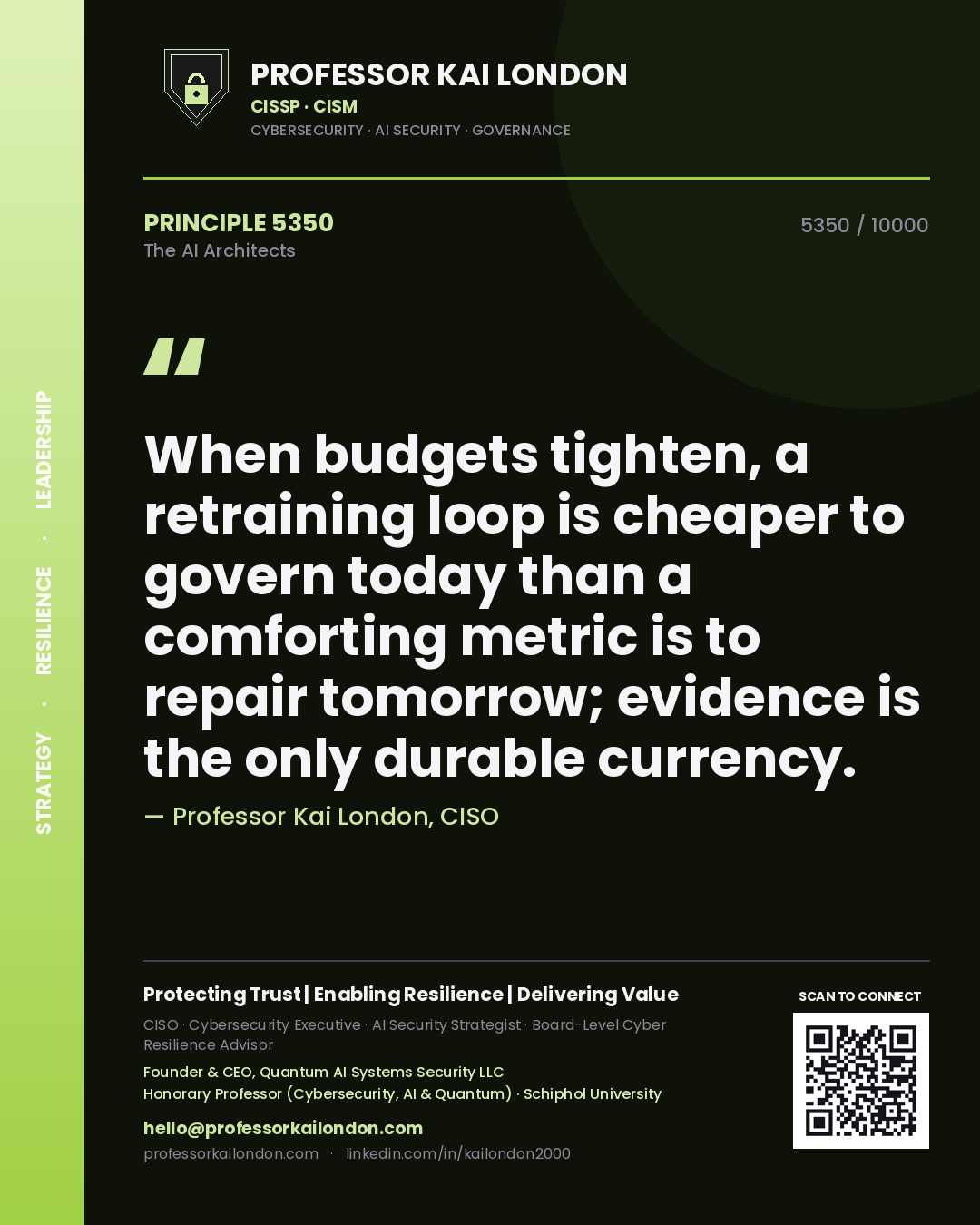 Quote card by Professor Kai London reading 'When budgets tighten, a retraining loop is cheaper to govern today than a comforting metric is to repair tomorrow; evidence is the only durable currency.'. From the book The AI Architects.