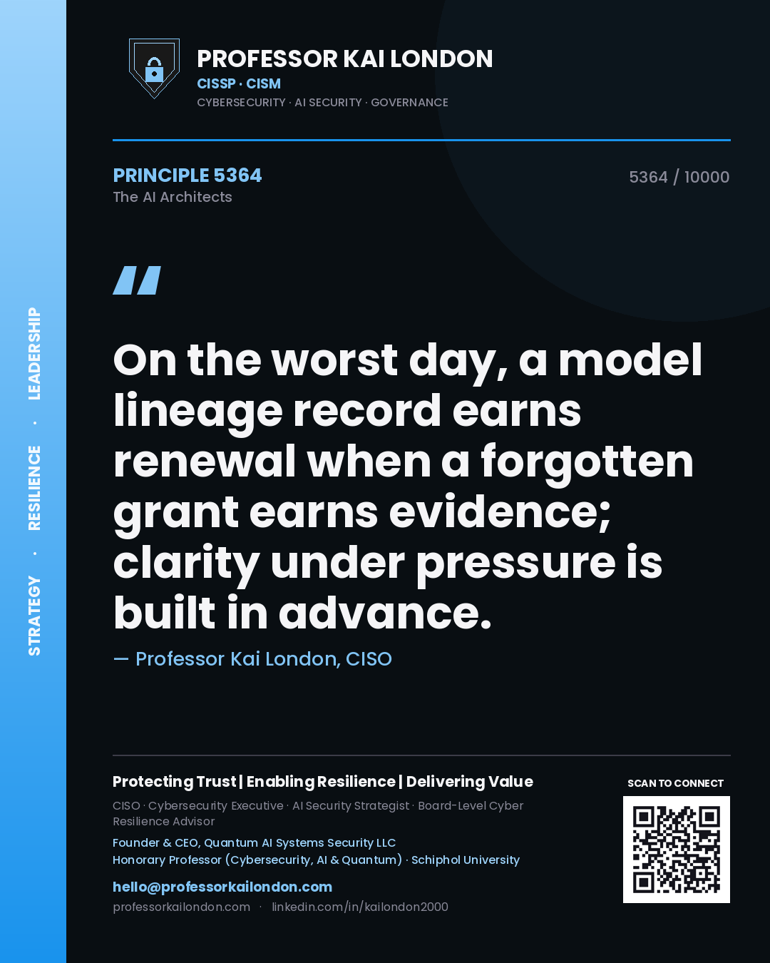 Quote card by Professor Kai London reading 'On the worst day, a model lineage record earns renewal when a forgotten grant earns evidence; clarity under pressure is built in advance.'. From the book The AI Architects.