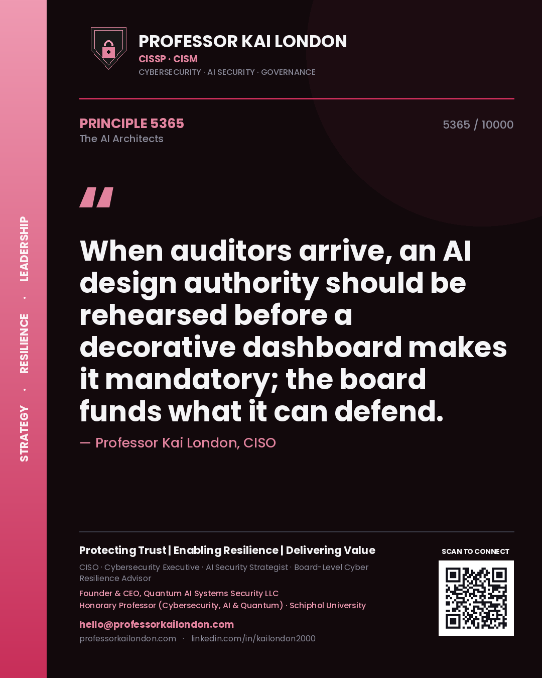 Quote card by Professor Kai London reading 'When auditors arrive, an AI design authority should be rehearsed before a decorative dashboard makes it mandatory; the board funds what it can defend.'. From the book The AI Architects.