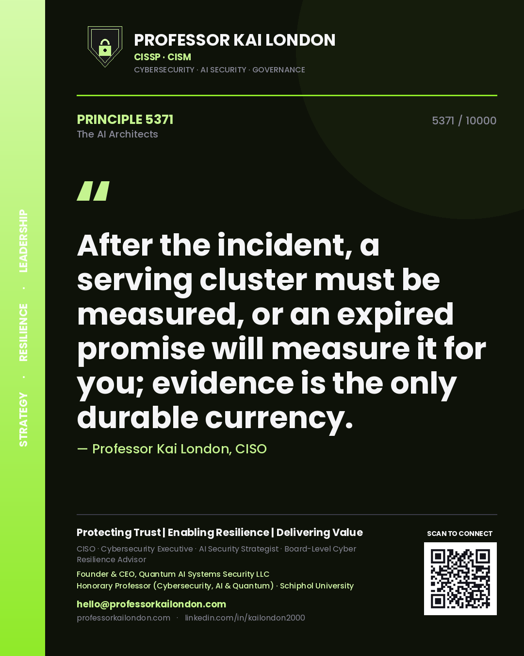 Quote card by Professor Kai London reading 'After the incident, a serving cluster must be measured, or an expired promise will measure it for you; evidence is the only durable currency.'. From the book The AI Architects.