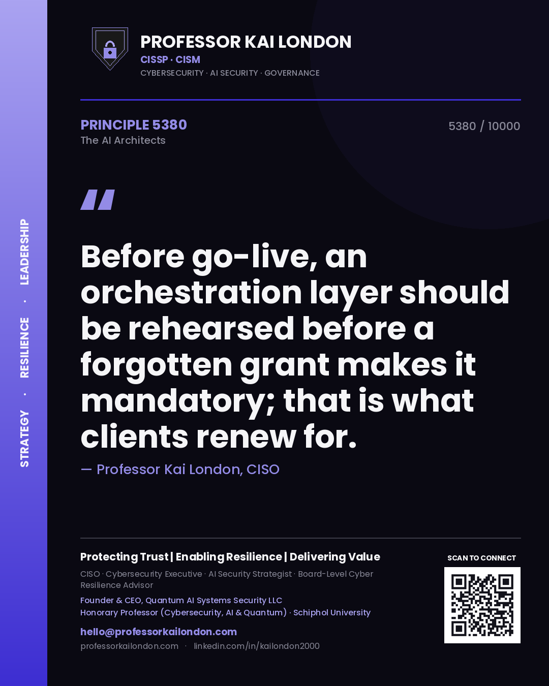 Quote card by Professor Kai London reading 'Before go-live, an orchestration layer should be rehearsed before a forgotten grant makes it mandatory; that is what clients renew for.'. From the book The AI Architects.