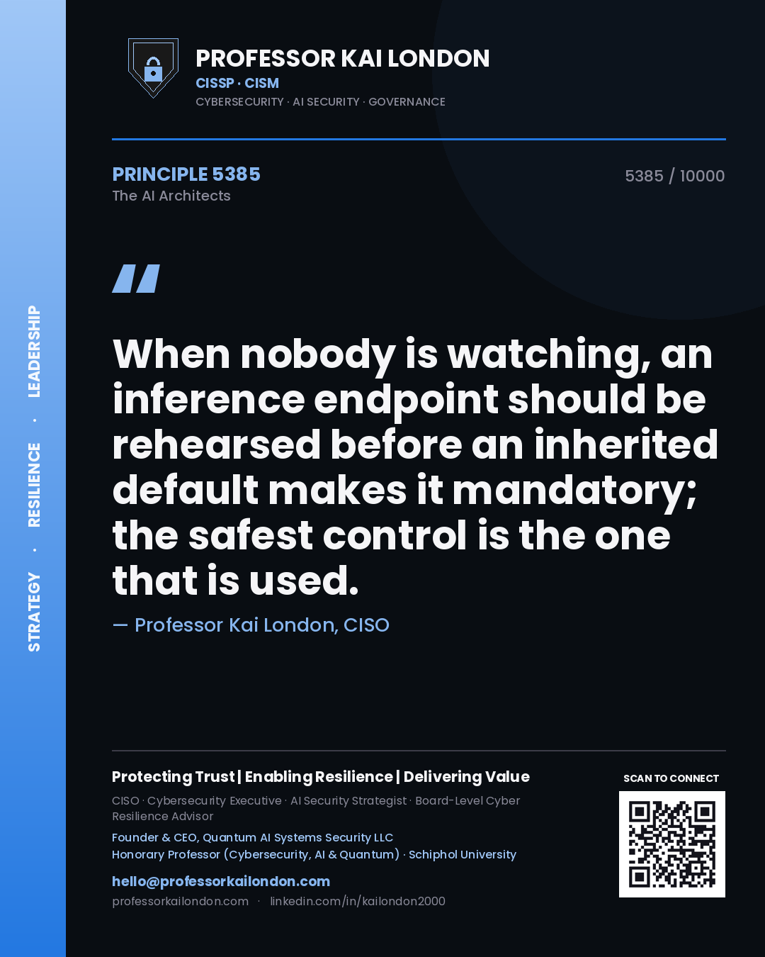 Quote card by Professor Kai London reading 'When nobody is watching, an inference endpoint should be rehearsed before an inherited default makes it mandatory; the safest control is the one that is used.'. From the book The AI Architects.