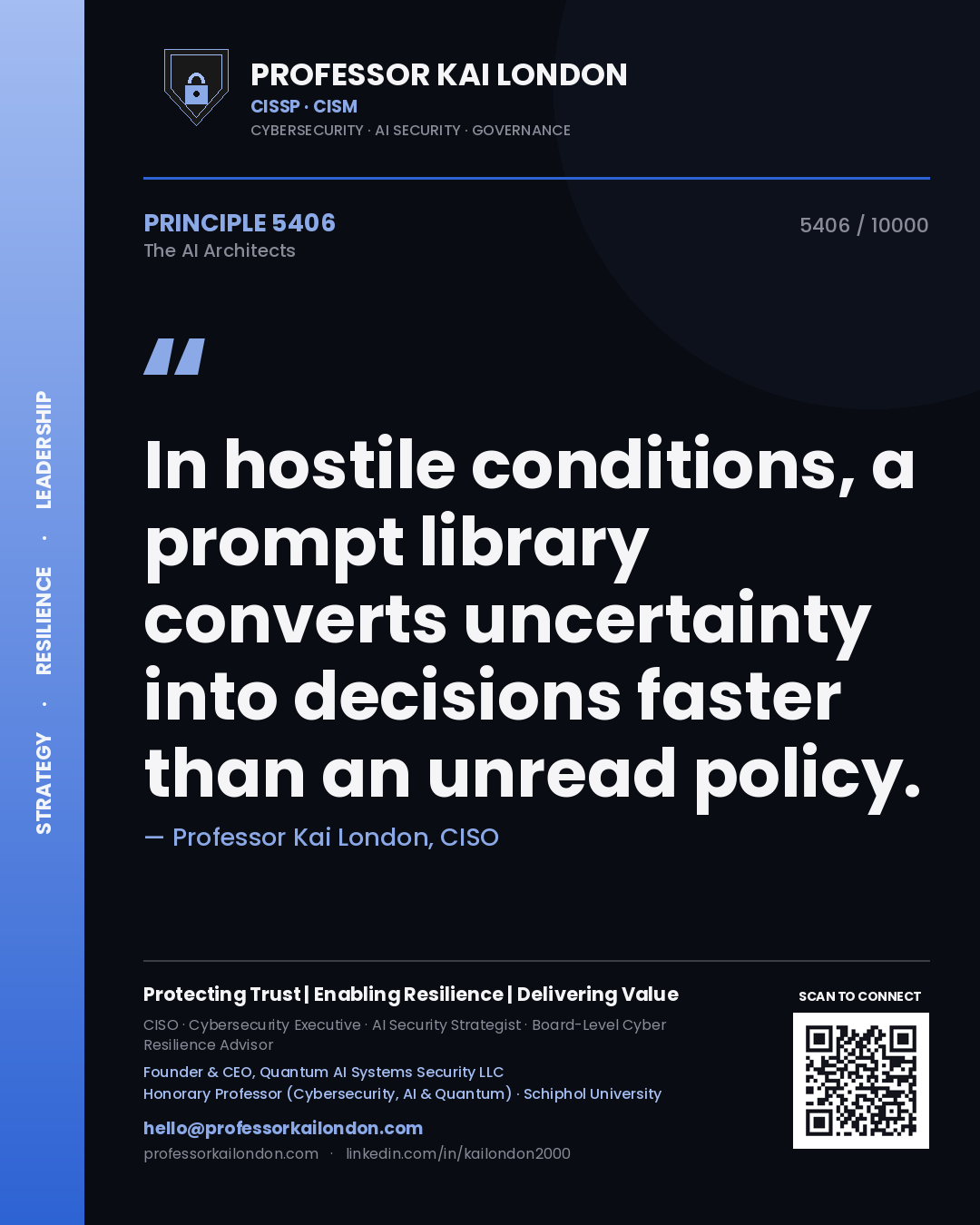 Quote card by Professor Kai London reading 'In hostile conditions, a prompt library converts uncertainty into decisions faster than an unread policy.'. From the book The AI Architects.