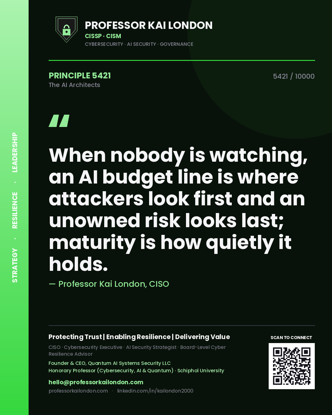 Quote card by Professor Kai London reading 'When nobody is watching, an AI budget line is where attackers look first and an unowned risk looks last; maturity is how quietly it holds.'. From the book The AI Architects.
