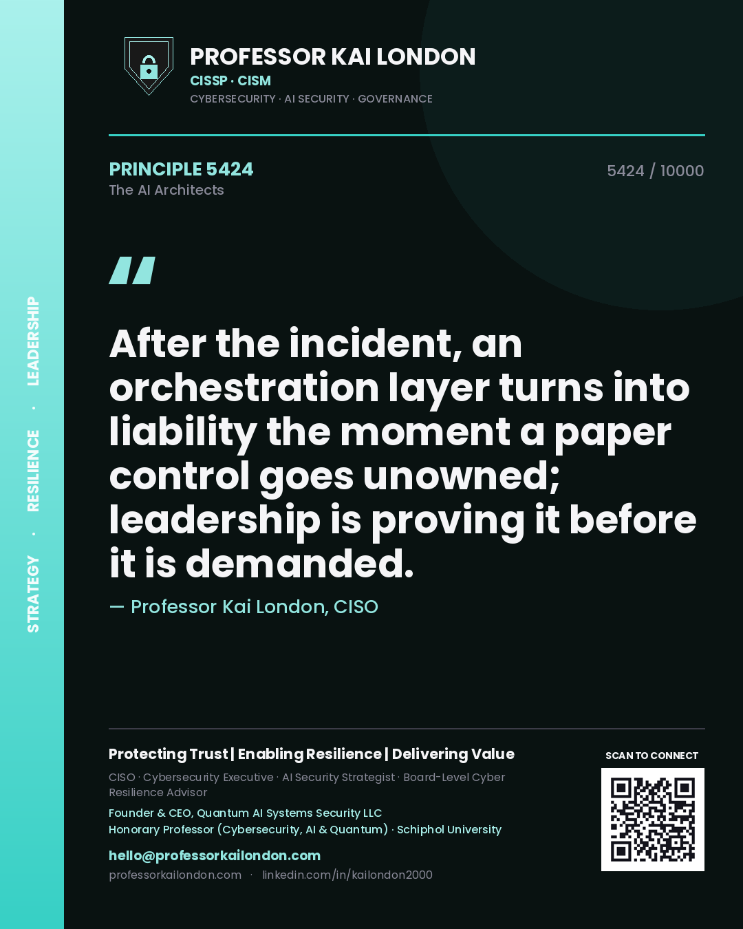 Quote card by Professor Kai London reading 'After the incident, an orchestration layer turns into liability the moment a paper control goes unowned; leadership is proving it before it is demanded.'. From the book The AI Architects.