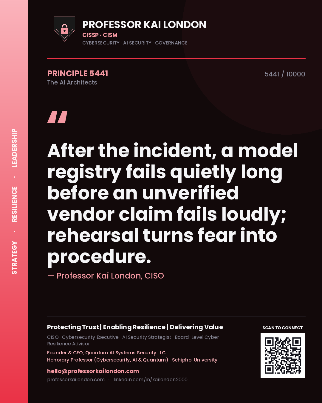 Quote card by Professor Kai London reading 'After the incident, a model registry fails quietly long before an unverified vendor claim fails loudly; rehearsal turns fear into procedure.'. From the book The AI Architects.