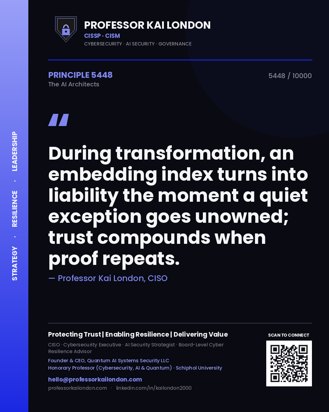 Professor Kai London principle 5448: During transformation, an embedding index turns into liability the moment a quiet exception goes unowned; trust compounds when proof repeats.