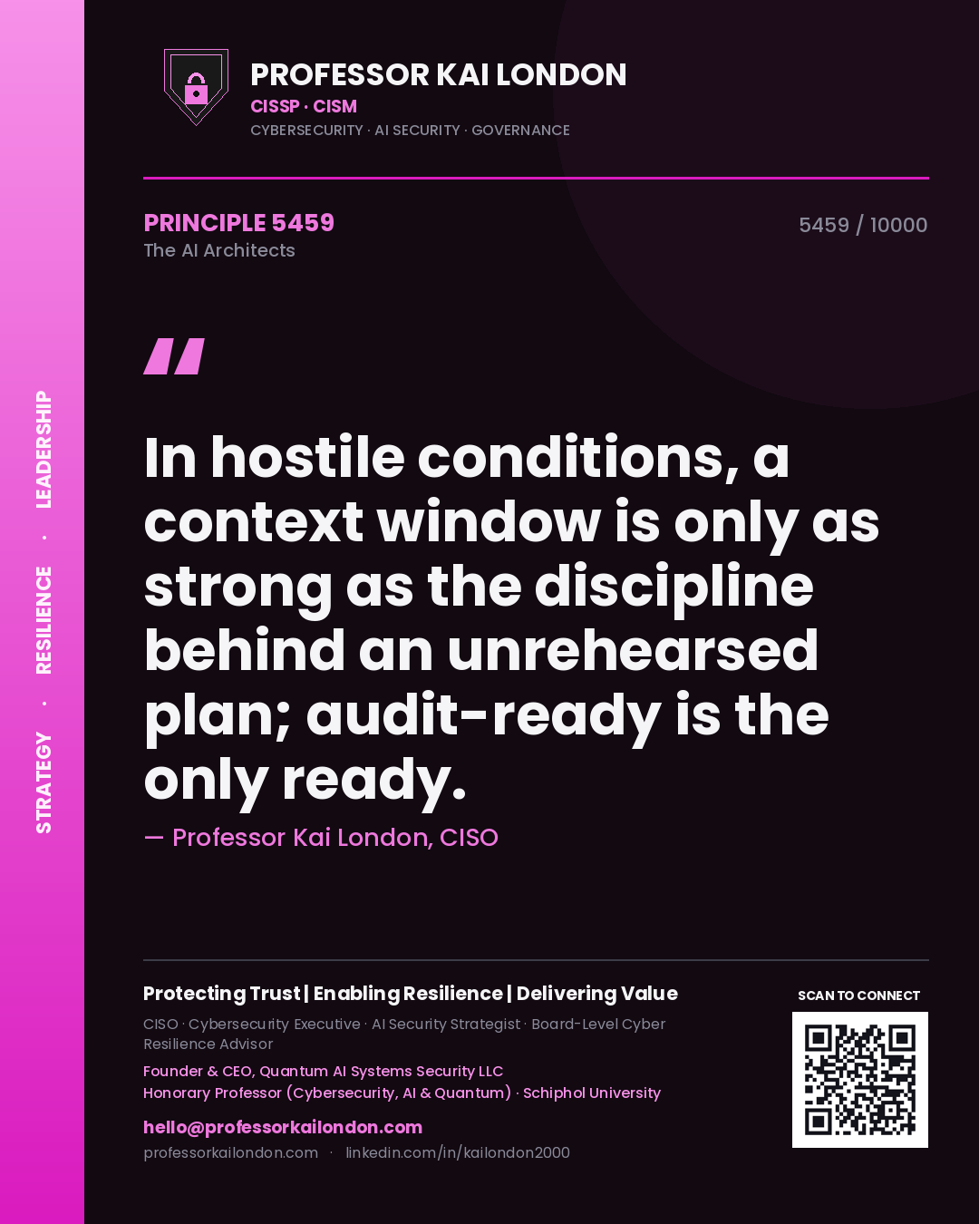 Quote card by Professor Kai London reading 'In hostile conditions, a context window is only as strong as the discipline behind an unrehearsed plan; audit-ready is the only ready.'. From the book The AI Architects.