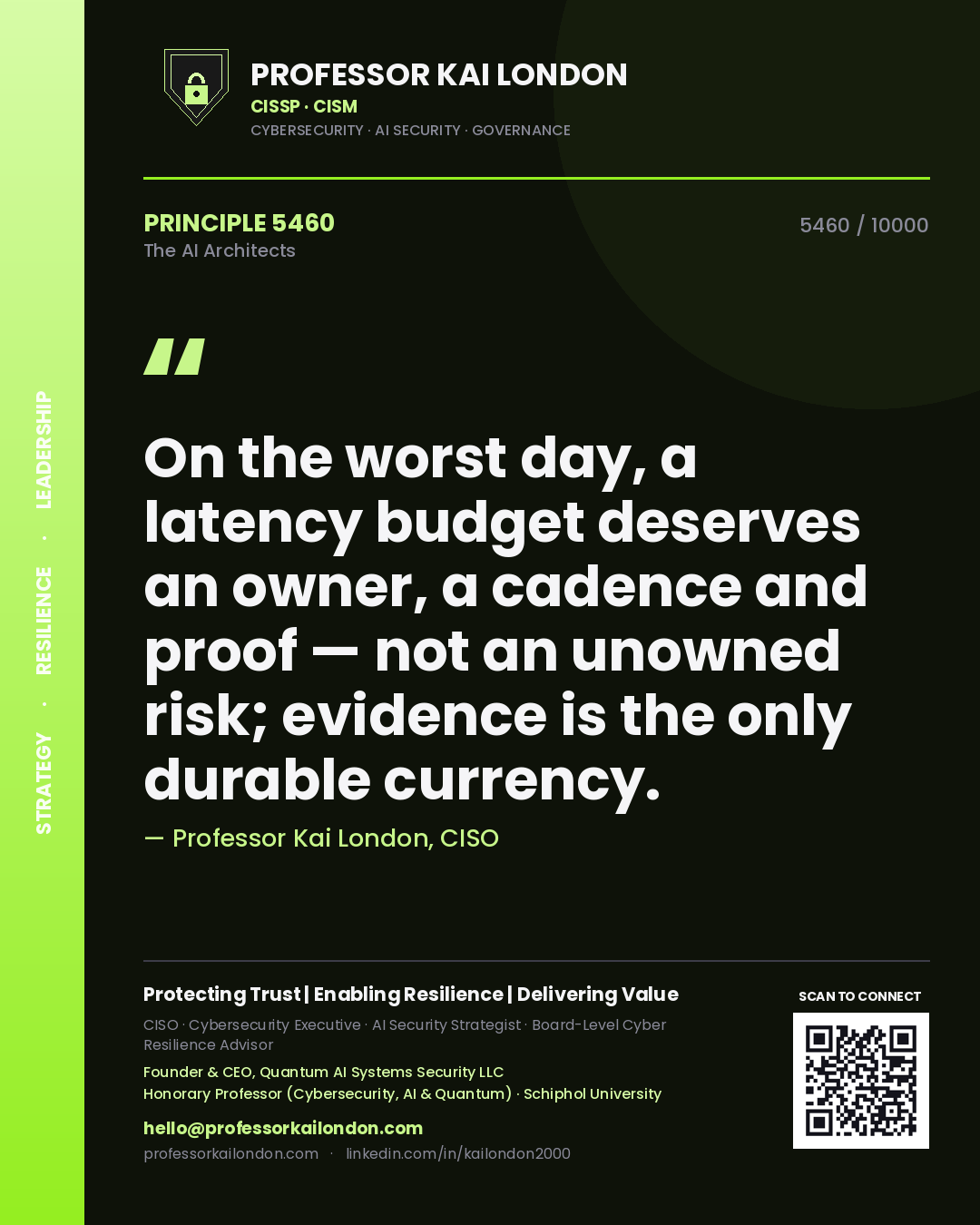 Professor Kai London principle 5460: On the worst day, a latency budget deserves an owner, a cadence and proof — not an unowned risk; evidence is the only durable currency.