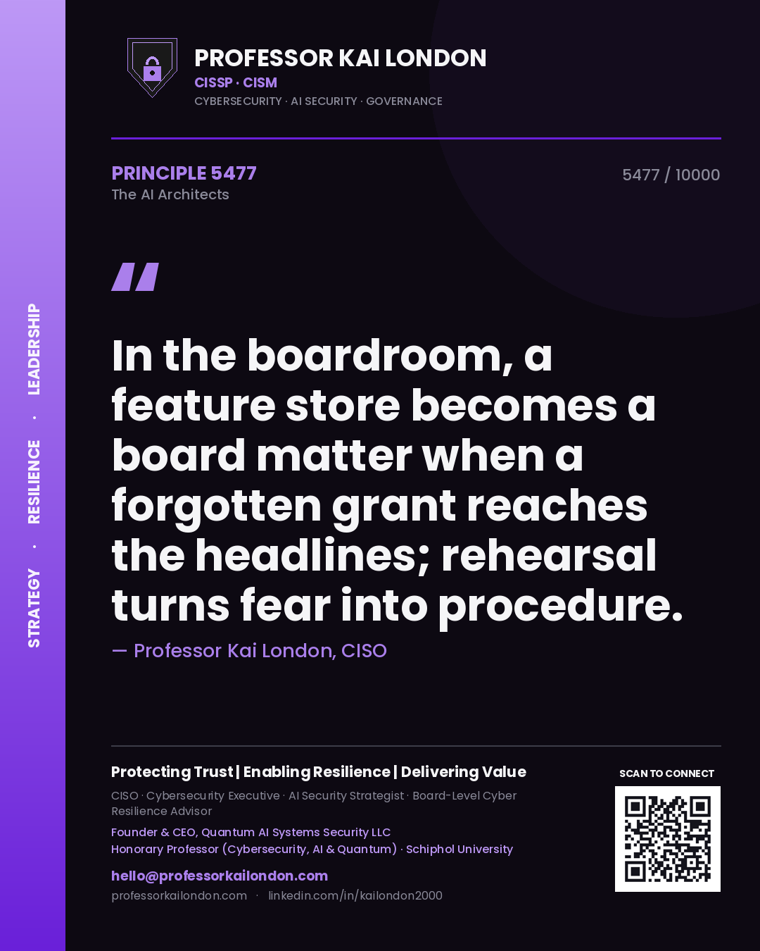 Professor Kai London principle 5477: In the boardroom, a feature store becomes a board matter when a forgotten grant reaches the headlines; rehearsal turns fear into procedure.