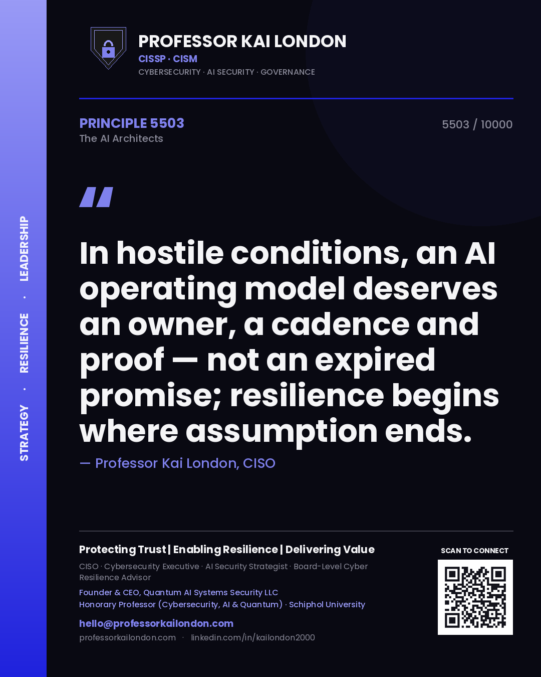 Professor Kai London principle 5503: In hostile conditions, an AI operating model deserves an owner, a cadence and proof — not an expired promise; resilience begins where assumption ends.