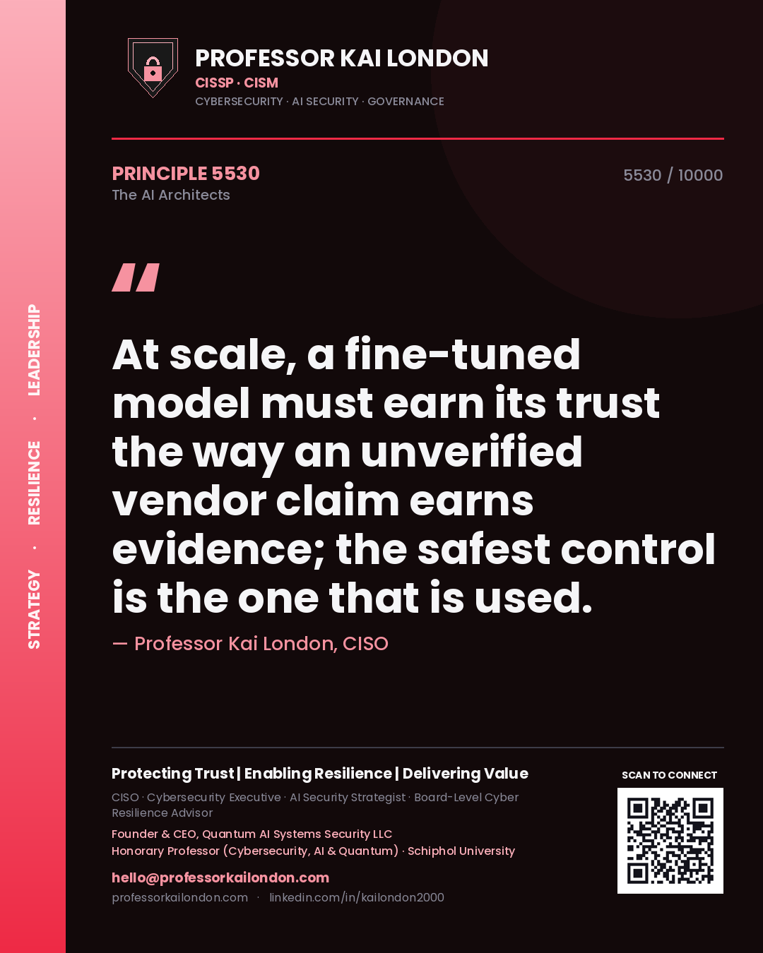 Professor Kai London principle 5530: At scale, a fine-tuned model must earn its trust the way an unverified vendor claim earns evidence; the safest control is the one that is used.