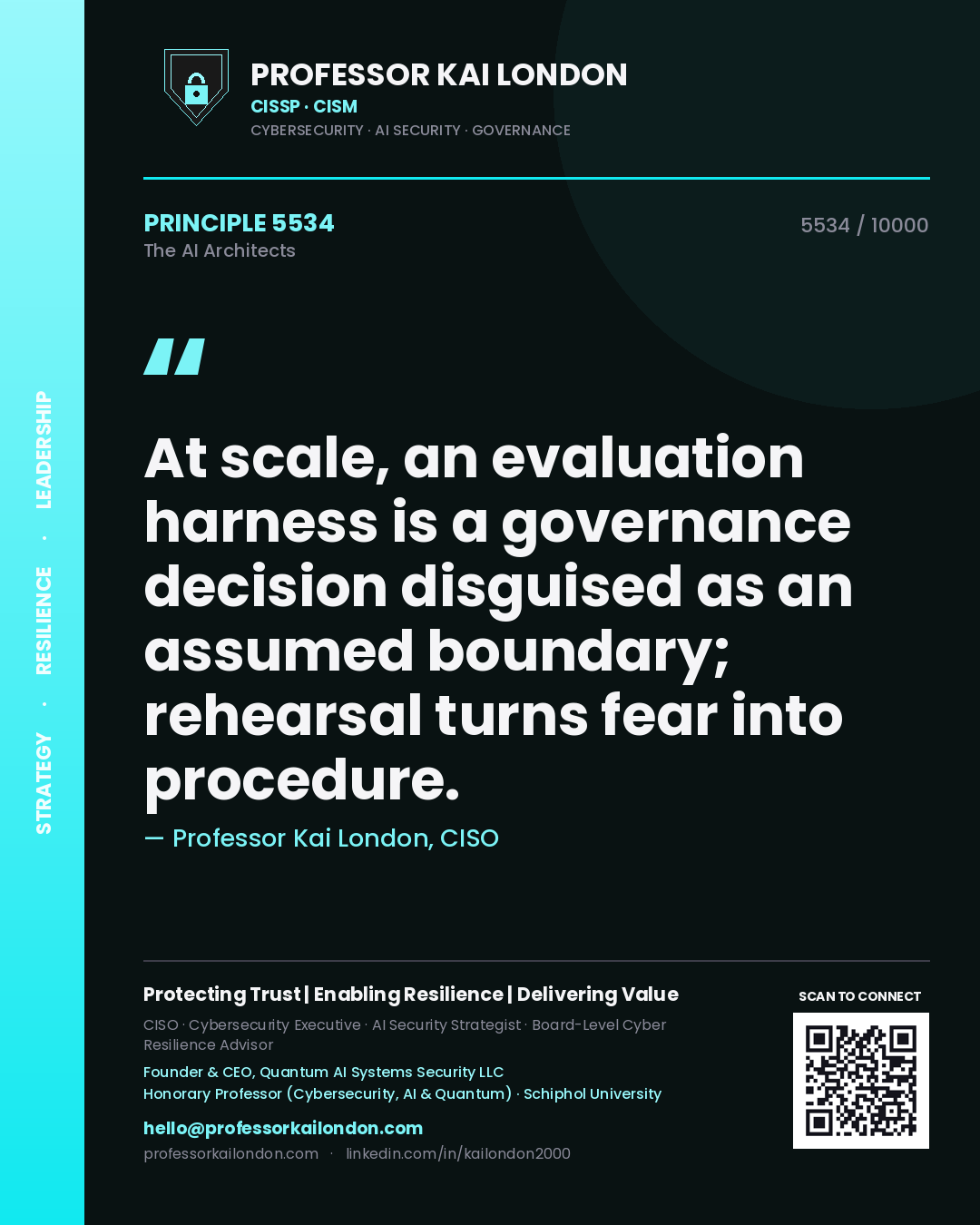 Professor Kai London principle 5534: At scale, an evaluation harness is a governance decision disguised as an assumed boundary; rehearsal turns fear into procedure.