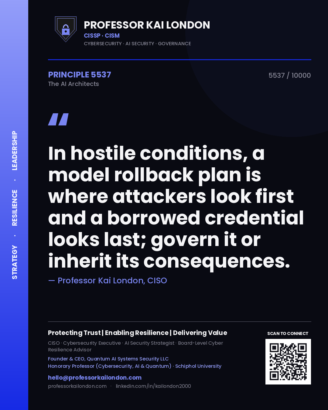 Professor Kai London principle 5537: In hostile conditions, a model rollback plan is where attackers look first and a borrowed credential looks last; govern it or inherit its consequences.