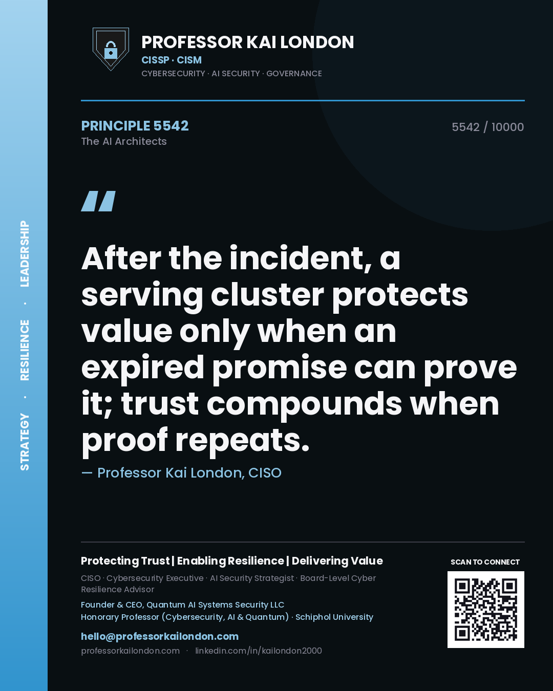 Professor Kai London principle 5542: After the incident, a serving cluster protects value only when an expired promise can prove it; trust compounds when proof repeats.