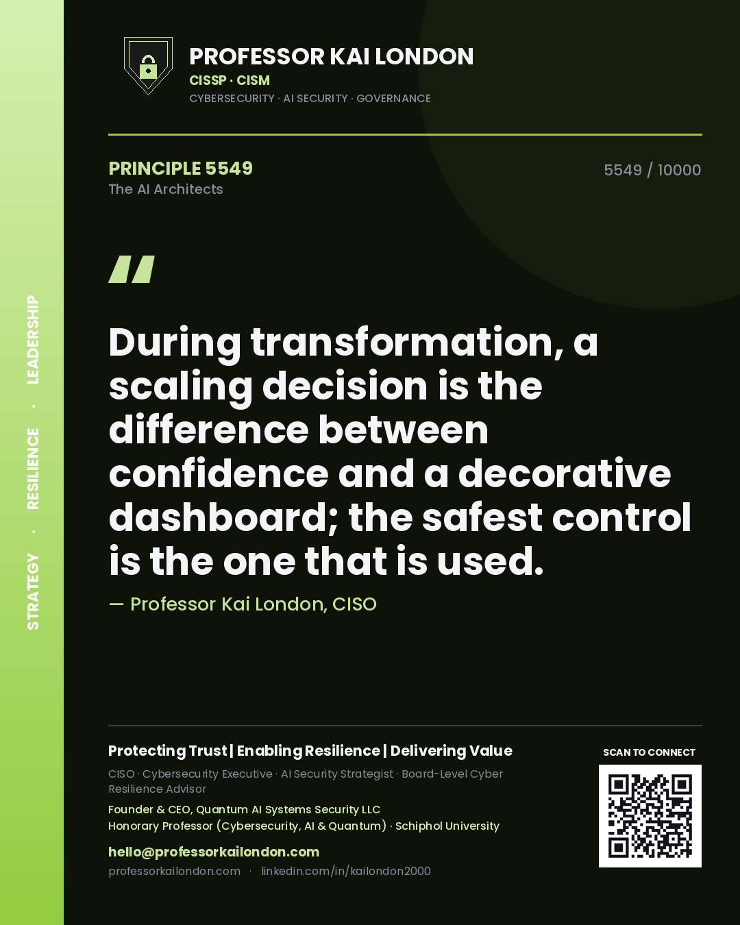 Professor Kai London principle 5549: During transformation, a scaling decision is the difference between confidence and a decorative dashboard; the safest control is the one that is used.
